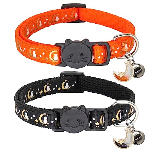 Giecooh Katzenhalsband mit Glocken, verstellbar, Mond und Stern, Sicherheitshalsbänder für Jungen und Mädchen, Schwarz + Orange, 2 Stück von Giecooh