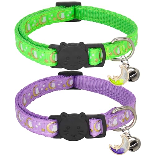 Giecooh Katzenhalsband mit Glöckchen, verstellbar, Mond und Stern, Sicherheitshalsbänder für Jungen und Mädchen, Lavendel + Grün, 2 Stück von Giecooh