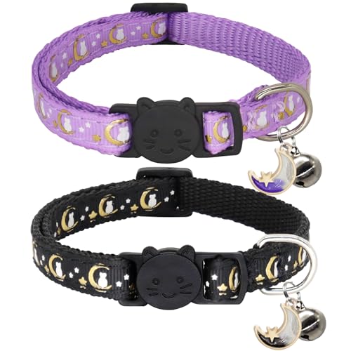 Giecooh Katzenhalsband mit Glöckchen, verstellbar, Mond und Stern, Sicherheitshalsbänder für Jungen und Mädchen, Schwarz + Lavendel, 2 Stück von Giecooh