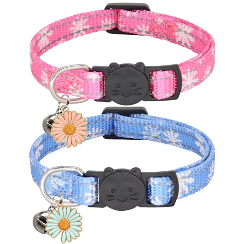 Giecooh Reflektierendes Katzenhalsband, verstellbares Katzenhalsband mit Glöckchen, Sicherheitsschnalle, Halsbänder für Jungen und Mädchen, Katzen, rosa + blaue Blume, 2 Stück von Giecooh