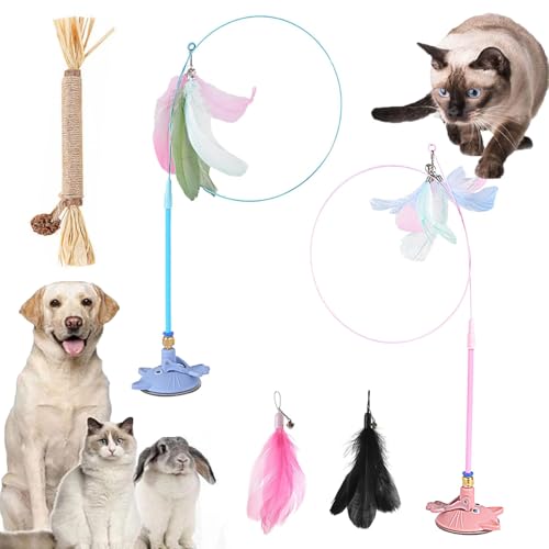 Gienslru Meowmastery Toy, Meow Mastery Teaser Wand with 3 Types of Replacement Feathers, Strong Suction Cup Cat Teaser Wand, Interactive Cat Wand Toy for Play & Exercise (B*2) von Gienslru