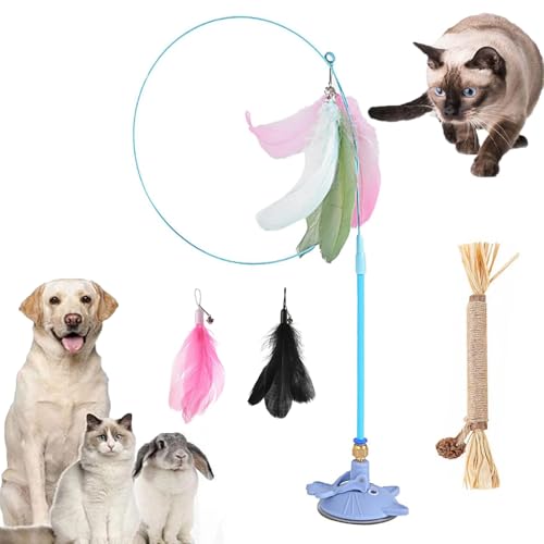 Gienslru Meowmastery Toy, Meow Mastery Teaser Wand with 3 Types of Replacement Feathers, Strong Suction Cup Cat Teaser Wand, Interactive Cat Wand Toy for Play & Exercise (Blue) von Gienslru