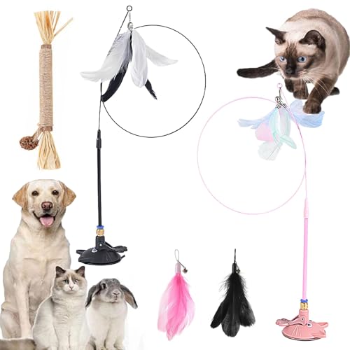 Gienslru Meowmastery Toy, Meow Mastery Teaser Wand with 3 Types of Replacement Feathers, Strong Suction Cup Cat Teaser Wand, Interactive Cat Wand Toy for Play & Exercise (E*2) von Gienslru