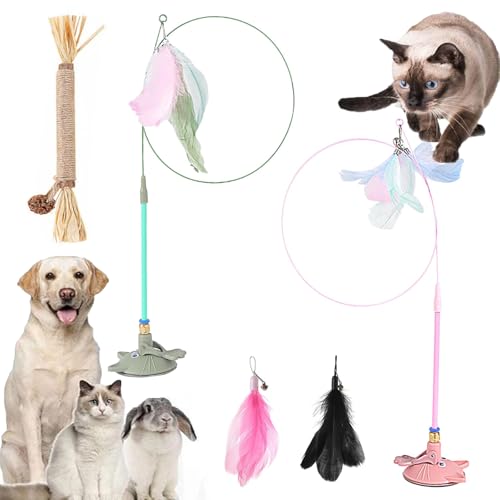 Gienslru Meowmastery Toy, Meow Mastery Teaser Wand with 3 Types of Replacement Feathers, Strong Suction Cup Cat Teaser Wand, Interactive Cat Wand Toy for Play & Exercise (F*2) von Gienslru