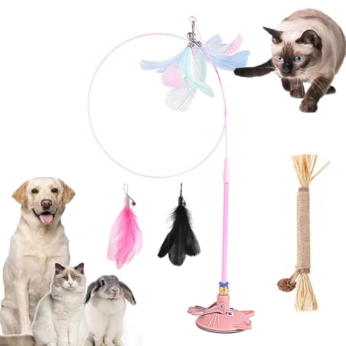 Gienslru Meowmastery Toy, Meow Mastery Teaser Wand with 3 Types of Replacement Feathers, Strong Suction Cup Cat Teaser Wand, Interactive Cat Wand Toy for Play & Exercise (Pink) von Gienslru