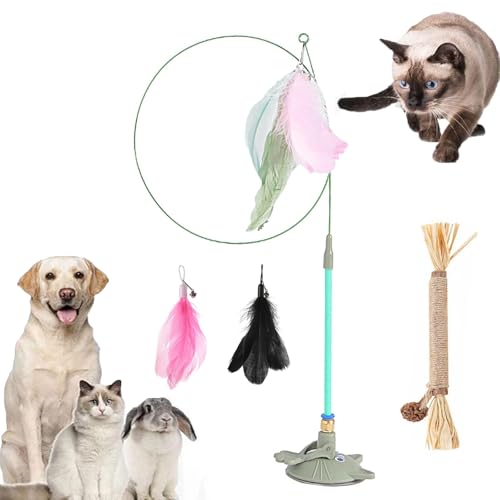 Meowmastery Toy, Meow Mastery Teaser Wand with 3 Types of Replacement Feathers, Strong Suction Cup Cat Teaser Wand, Interactive Cat Wand Toy for Play & Exercise (Green) von Gienslru