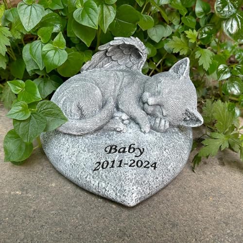 GiftYi Cat Memorial Geschenke - Engel Katze Statue schläft auf einem Herz-förmigen Pet Memorial Stein, Katze Grab Marker mit eingraviertem Namen und Datum von Mcties