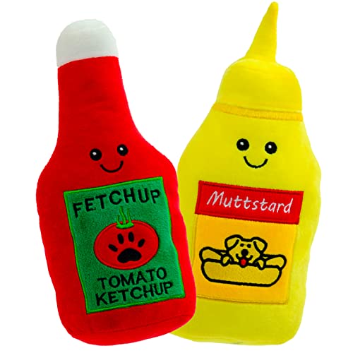Giftable World Pet Plüsch Haustier Spielzeug Früchte, Cupcakes, Eis, Tasse mit Quietscher Hund Kauspielzeug (25,4 cm Ketchup & Senf) von Giftable World