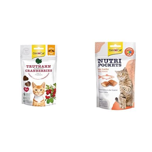 Bundle GimCat Crunchy Snacks Truthahn mit Cranberries - Knuspriges und proteinreiches Katzenleckerli + Nutri Pockets mit Lachs - Knuspriger Katzensnack mit cremiger Füllung. von GimCat