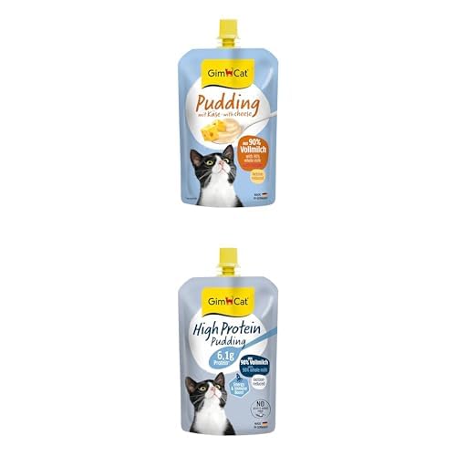 Bundle aus GimCat Pudding mit Käse - Cremiger Snack für zwischendurch mit Kalzium - Made in Germany + GimCat High Protein Pudding - Köstlicher proteinreicher Snack für zwischendurch (2 x 100 g) von GimCat