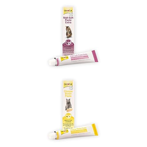 Bundle: GimCat Malt-Soft Paste Extra - Anti-Hairball Katzensnack fördert Ausscheidung von Haarballen + GimCat Cheese Biotin Paste - Mit aromatischem Käse, Zink und Leinöl für Fell, Haut und Krallen von GimCat