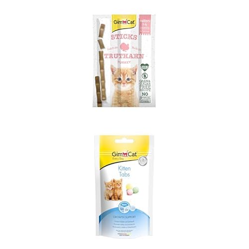 Bundle: GimCat Sticks Kitten Truthahn - Softe Kaustangen mit hohem Fleischanteil,ohne Zuckerzusatz - 1 Packung (1 x 3 Sticks) + GimCat Kitten Tabs - Katzensnack für Junge Katzen ab der 6. Woche von GimCat