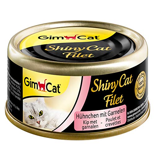 GimCat ShinyCat Filet Hühnchen mit Garnelen - Katzenfutter mit saftigem Filet ohne Zuckerzusatz für ausgewachsene Katzen - 48 Dosen (48 x 70 g) von GimCat