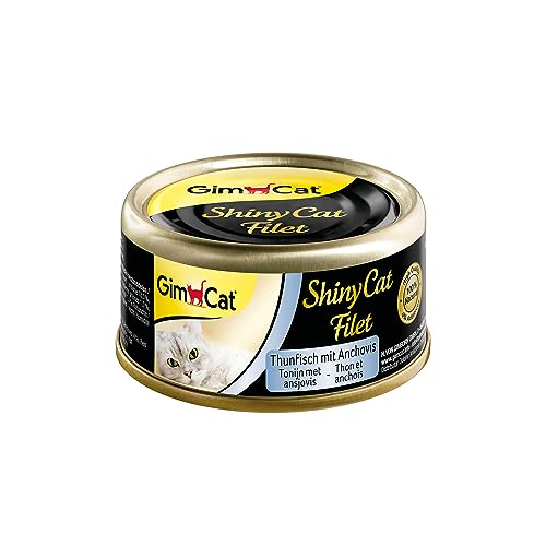 GimCat ShinyCat Filet Thunfisch mit Anchovis - Katzenfutter mit saftigem Filet ohne Zuckerzusatz für ausgewachsene Katzen - 24 Dosen (24 x 70 g) von GimCat