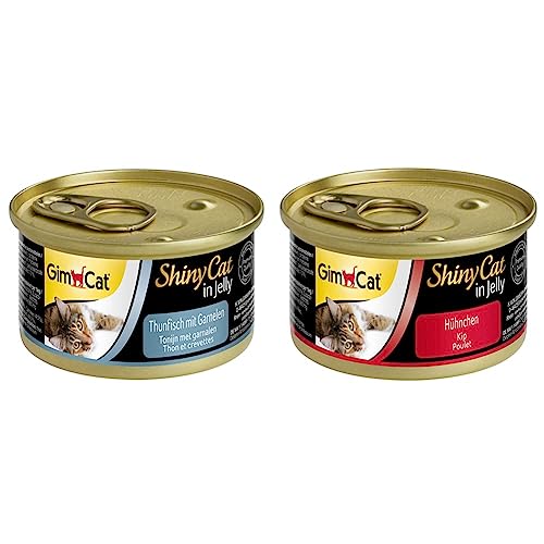 GimCat ShinyCat in Jelly Thunfisch mit Garnelen - Nassfutter mit Fisch und Taurin für Katzen - 24 Dosen & ShinyCat in Jelly Hühnchen - Nassfutter mit Fleisch und Taurin für Katzen - 24 Dosen von GimCat