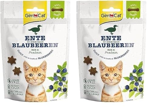 GimCat Soft Snacks Ente mit Blaubeeren - Weiches und proteinreiches Katzenleckerli ohne Zuckerzusatz - 1 Beutel (1 x 60 g) (Packung mit 2) von GimCat