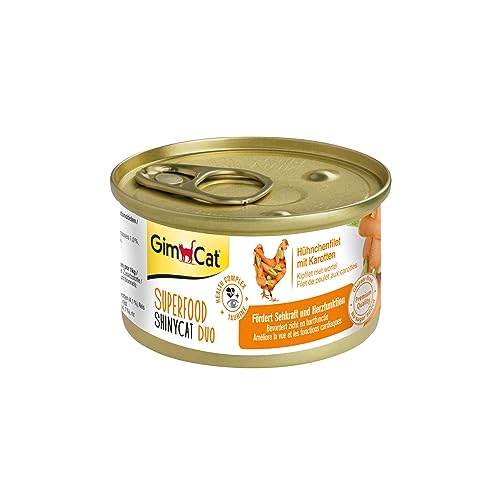 GimCat Superfood ShinyCat Duo Hühnchen mit Karotten - Katzenfutter mit saftigem Filet ohne Zuckerzusatz für ausgewachsene Katzen - 24 Dosen (24 x 70 g) von GimCat