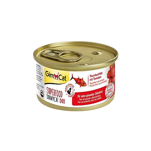 GimCat Superfood ShinyCat Duo Thunfisch mit Tomaten - Katzenfutter mit saftigem Filet ohne Zuckerzusatz für ausgewachsene Katzen - 24 Dosen (24 x 70 g) von GimCat