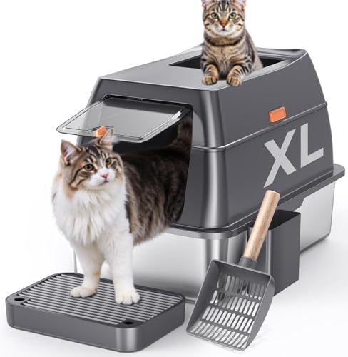Gimars 3 in 1 Hochwandiger Anti-Auslauf Edelstahl Katzentoilette XXL mit Deckel, Extra Großes Geschlossenes Katzenklo XXL mit Schaufel, Front- und Deckeleinstieg für Mehrkatzenhaushalte von Gimars