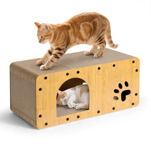Gimars 59,5x29,5x28 cm Kratzbrett Katzen mit Spielball, Kratzpappe für Katzen groß XXL, Katzenhaus Pappe & Katzenhöhle, Kratzmöbel als Möbelschutz Indoor von Gimars