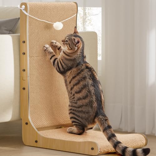 Gimars Hohe 68cm L-Förmige Kratzbrett Katze Mit Ball, Stehendes Kratzbrett Für Katzen, Dickeres Katzenkratzbrett, Katzenspielzeug Zum Schutz Von Möbeln Und Sofas, Groß von Gimars