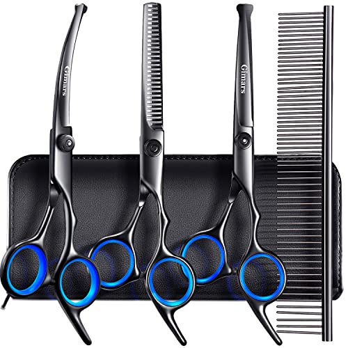 Gimars Hundepflege-Scheren-Set, professionell, 4CR, mit runder Sicherheitsspitze, 5-in-1, robuste, titanbeschichtete Effilier- und gebogene und gerade Schere, Schwarz von Gimars