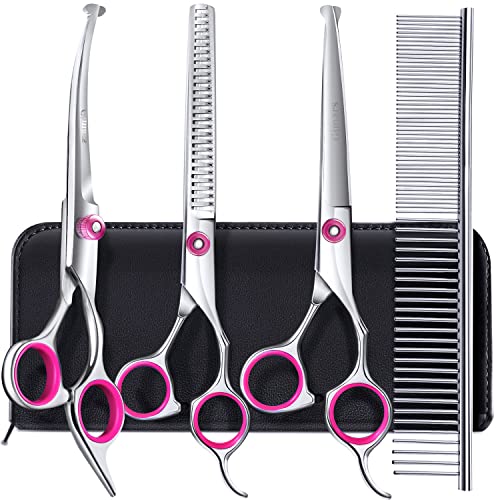 Gimars Hundepflegescheren-Set, professionell, 4CR, mit runder Sicherheitsspitze, 5-in-1-Hochleistungsschere mit Titanbeschichtung und gebogener und gerader Schere von Gimars