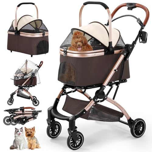 Gimars 4 in 1 Katzenwagen & Hundewagen Bis 20kg Klappbar, 360° Gummireifen Katzen Wagen Mit Hinterradbremse, Hundebuggy Mit Netzfenstern Regenschutz Einziehbare Zugstange Für Kleine Hunde Katze Khaki von Gimars