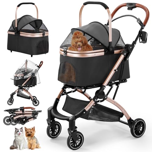 Gimars 4 in 1 Katzenwagen & Hundewagen Bis 20kg Klappbar,360° Gummireifen Katzen Wagen Mit Hinterradbremse, Hundebuggy Mit Netzfenstern Regenschutz Einziehbare Zugstange Für Kleine Hunde Katze Schwarz von Gimars