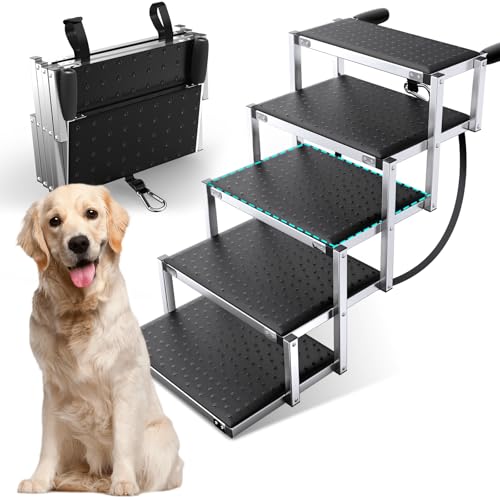 Gimars Extra Breite Hundetreppe Auto bis 75KG für große Hunde, Hundetreppe Auto klappbar mit ACL, Leichtgewichtige Aluminium Hundetreppe faltbar für SUV, Jeep & LKWs von Gimars