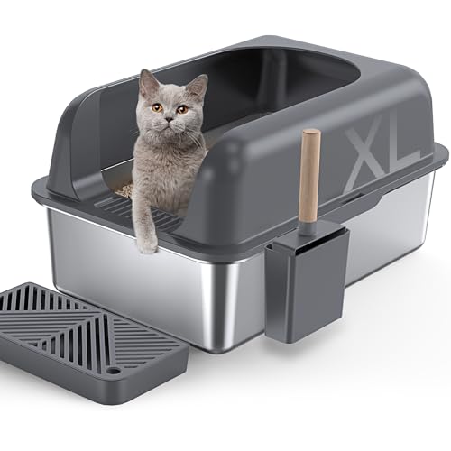 Gimars XL Katzenklo Edelstahl, Große Katzentoilette aus Metall 20L mit Streuschaufel & Trittbrett, Edelstahl Katzenklo für mittelgroße & große Katzen von Gimars
