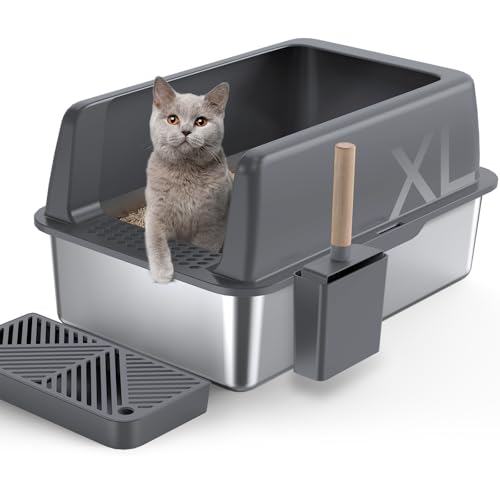 Gimars XL Katzenklo aus Metall, große Katzentoilette Edelstahl 20L mit Schaufel & Trittbrett, Robuste Metall Katzenklo, Edelstahl Katzenklo für große & mittelgroße Katzen von Gimars