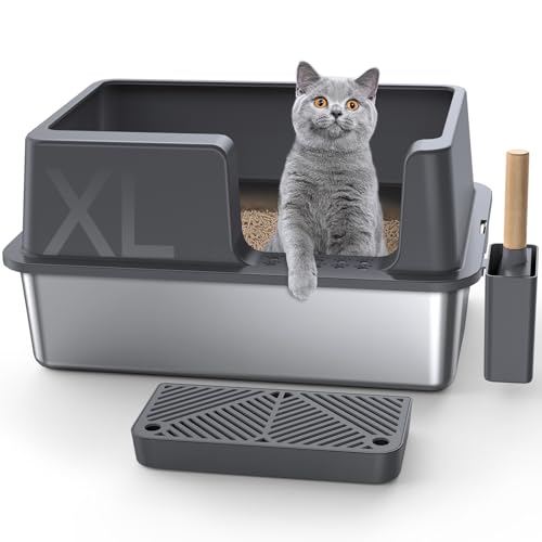 Gimars XL Katzenklo aus Metall – Geruchsresistente Katzentoilette Edelstahl, auslaufsichere Schale mit Schaufel & Trittbrett, geeignet für große, mittlere & kleine Katzen von Gimars