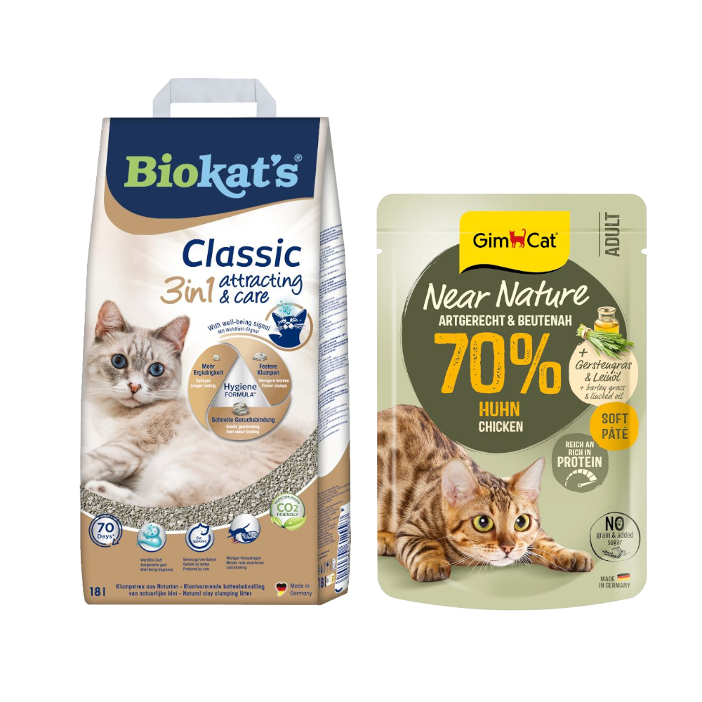 18 l Biokat's Classic Katzenstreu + 16 x 85 g GimCat Nassfutter zum Sonderpreis! - Attracting & Care + Near Nature Huhn von Gimcat