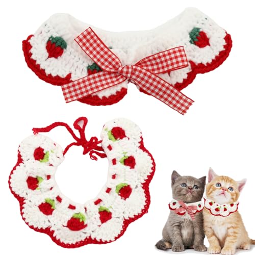 2 x Katzenhalsband, Kätzchenhalsband mit niedlicher Fliege und Erdbeermuster, ohne Glocke, gehäkelte Erdbeere, niedliche Katzenhalsbänder für Mädchen, Jungen, Katzen und kleine Haustiere von Giococo
