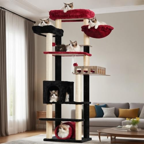 Gitelsnour Katzenbaum mit Tunnel, Katzenturm für Indoor-Katzen, hoher Gothic-Katzenbaumturm mit Katzenhütte, Futterstation, große Plattform, Kratzstämme, Hängematte, Schwarz und Rot GCT021BR von Gitelsnour