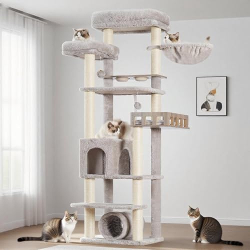 Gitelsnour Katzenbaum mit Tunnel, Katzenturm für Indoor-Katzen, hoher Katzenbaumturm mit Katzenhütte, Futterstation, große Plattform, Kratzbäume, Hängematte, Hellgrau GCT021W Gitelsnour Katzenbaum mit Tunnel, Katzenturm für Indoor-Katzen, hoher Katzenbaumturm mit Katzenhütte, Futterstation, große Plattform, Kratzbäume, Hängematte, Hellgrau GCT021W von Gitelsnour