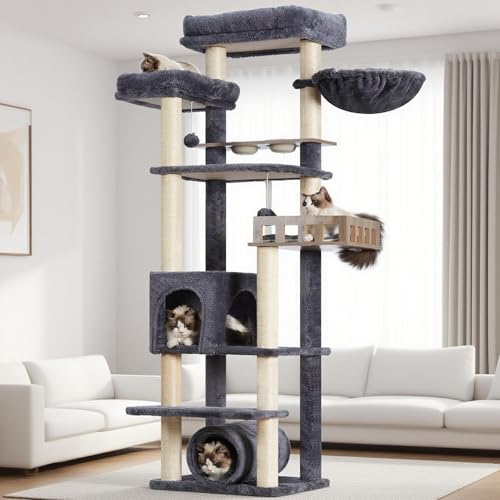 Gitelsnour Katzenbaum mit Tunnel, Katzenturm für Indoor-Katzen, hoher Katzenbaumturm mit Katzenhütte, Futterstation, große Plattform, Kratzbäume, Hängematte, Rauchgrau GCT021G Gitelsnour Katzenbaum mit Tunnel, Katzenturm für Indoor-Katzen, hoher Katzenbaumturm mit Katzenhütte, Futterstation, große Plattform, Kratzbäume, Hängematte, Rauchgrau GCT021G von Gitelsnour