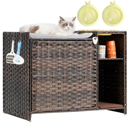 Gitelsnour Katzenklo Gehege Katzenklo Möbel versteckt mit waschbarer Katzenmatte Katzenklo Matte 2 Futternäpfe 2 Haken Regal Handgewebte Rattan Katzenhütte Braun GCLB002BR Gitelsnour Katzenklo Gehege Katzenklo Möbel versteckt mit waschbarer Katzenmatte Katzenklo Matte 2 Futternäpfe 2 Haken Regal Handgewebte Rattan Katzenhütte Braun GCLB002BR von Gitelsnour