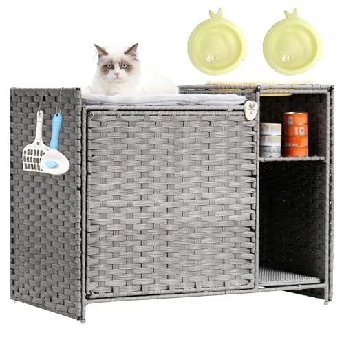 Gitelsnour Katzenklo Gehege mit Waschbarer Katzenmatte, 2 Futternäpfe, 2 Haken, Regal, Handgewebte Rattan Katzenhütte, Grau, 76 cm L x 47 cm B x 61 cm H, für Katzenbesitzer Gitelsnour Katzenklo Gehege mit Waschbarer Katzenmatte, 2 Futternäpfe, 2 Haken, Regal, Handgewebte Rattan Katzenhütte, Grau, 76 cm L x 47 cm B x 61 cm H, für Katzenbesitzer von Gitelsnour
