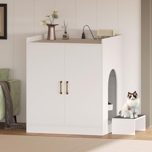 Gitelsnour Katzentoiletten-Gehege mit Pedal, großer Katzentoilettenschrank mit Ladestation, automatisches Katzenklo Gehäuse, modernes verstecktes selbstreinigendes Katzenklo Möbel XL XXL, Weiß von Gitelsnour