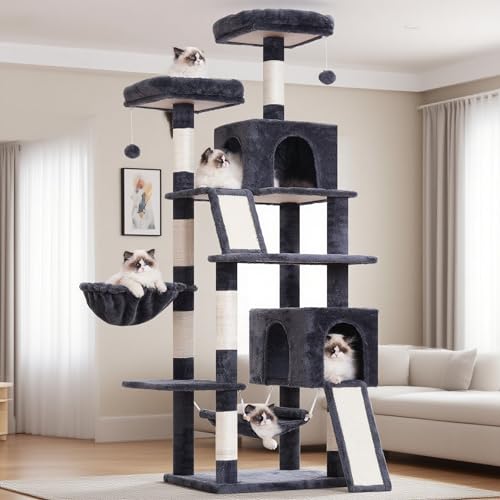Gitelsnour Kratzbaum, 180 cm, Katzenturm für Indoor-Katzen, große Erwachsene, mehrstöckiger Katzenbaum mit 2 Kratzbrettern/Pfosten, 2 Plüsch-Sitzstangen, 2 Katzenhütten, Hängematte, Rauchgrau GCT032G von Gitelsnour