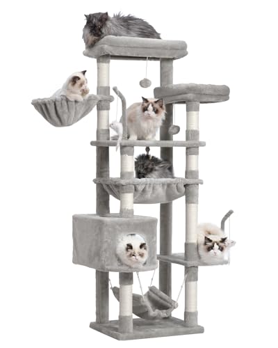Gitelsnour Kratzbaum, Katzenturm für große Katzen mit 2 großen Plattformen, 2 Körben, Höhle und Spielzeug, 160 cm Katzenkratzbäume für Indoor-Katzen, Hellgrau GCT020W von Gitelsnour