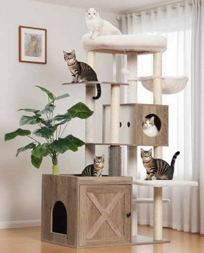 Gitelsnour Kratzbaum mit Katzentoilettengehege, großer Katzenturm aus Holz für Indoor-Katzen mit Spielgarten (Blatt, Rasen, Haargummis), modernes Katzenhaus, rustikales Grau GCT110SG von Gitelsnour