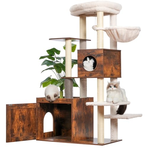 Gitelsnour Katzenbaum mit Katzentoilettengehege, großer Katzenturm aus Holz, Katzenhaus für Indoor-Katzen mit Spielgarten (Blatt, Rasen, Haargummis), modernes Katzenhaus Rustikal Braun GCT110SR Gitelsnour Katzenbaum mit Katzentoilettengehege, großer Katzenturm aus Holz, Katzenhaus für Indoor-Katzen mit Spielgarten (Blatt, Rasen, Haargummis), modernes Katzenhaus Rustikal Braun GCT110SR von Gitelsnour