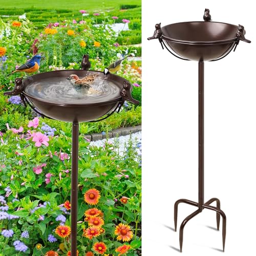 Giyiprpi Metall Vogelbad Garten für Wildvögel Wassertränke Mit 3 Vogelskulpturen, Vogeltränke Futter Schale Wasserstelle Stehend, 147x25cm Vogelbad Futterstelle für das Blumenbeet oder (Braun) von Giyiprpi