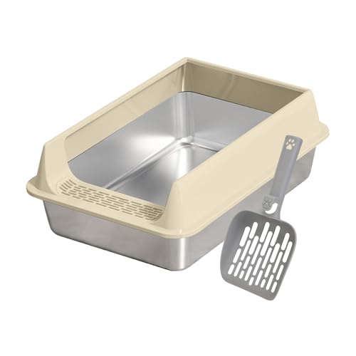 GkgWuxf Katzentoiletten aus Edelstahl, spritzwassergeschützt, mit Schaufel, antihaftbeschichtet, Haustierzubehör für große, mittelgroße und kleine Katzen, Wohnung, Garten, Balkon, Terrasse von GkgWuxf
