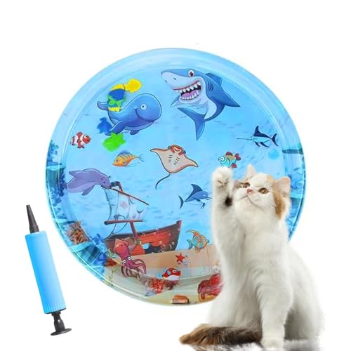 Gkiozu Katzen-Wassermatte für Indoor-Katzen, 2025, verbessert, 0,6 mm dick, kratzfest, interaktiv, sensorische Spielmatte mit schwimmendem Fischspielzeug, Sommer-Kühlkissen für Kätzchen mit von Gkiozu