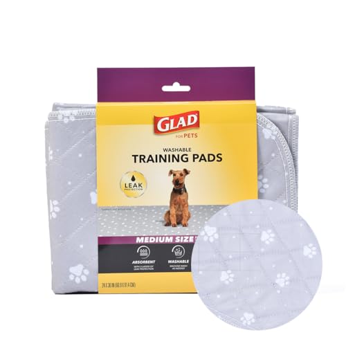 GLAD Waschbare Trainingspads für Haustiere, Größe M (61 x 91,4 cm), 2 Stück, grau mit Pfotenabdrücken, Wiederverwendbare Stoffunterlagen für Hunde mit 3 Schichten Auslaufschutz und Rutschfester von Glad