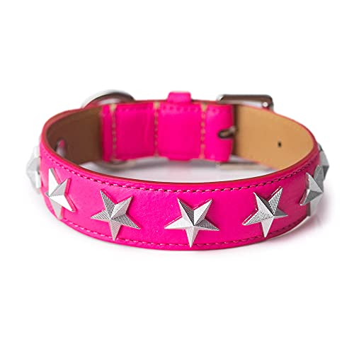Hundehalsband Stelle Fuxia mit Sternen Nieten in Soave Leder Breite 2,5cm Gesamtlänge 41cm von Glamotti